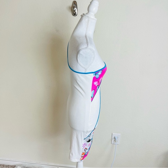 White Ribbed Contrast Stitch Butterfly Patchwork One Shoulder Bodycon Mini Dress - Picture 6 of 6